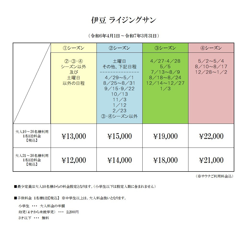 静岡県 伊豆高原のコテージ｜IZU Rising Sun　（伊豆ライジングサン）の写真：料金表