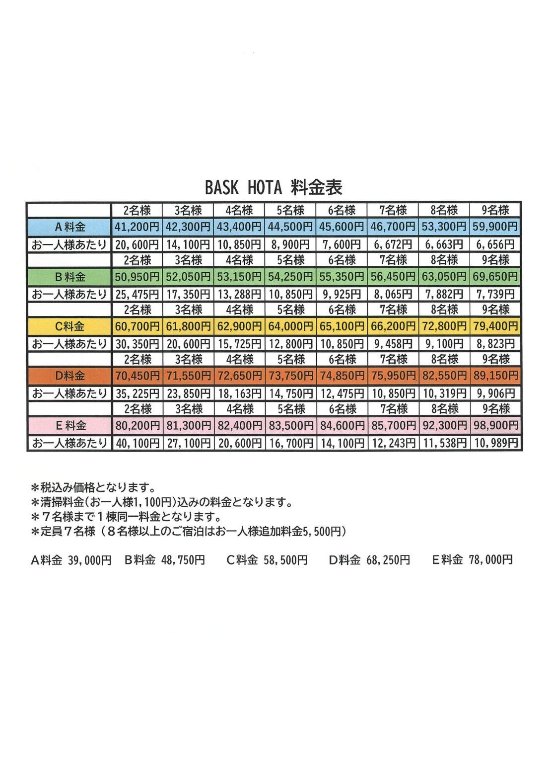 千葉県 木更津・君津・富津のコテージ｜BASK HOTAの写真：２月の料金表になります。