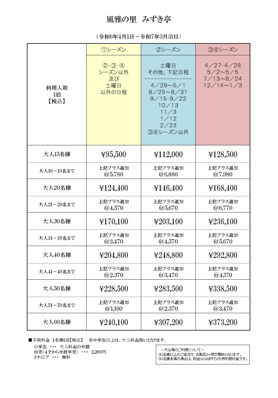 静岡県 伊東・宇佐美・川奈のコテージ｜みずき亭の写真：料金表