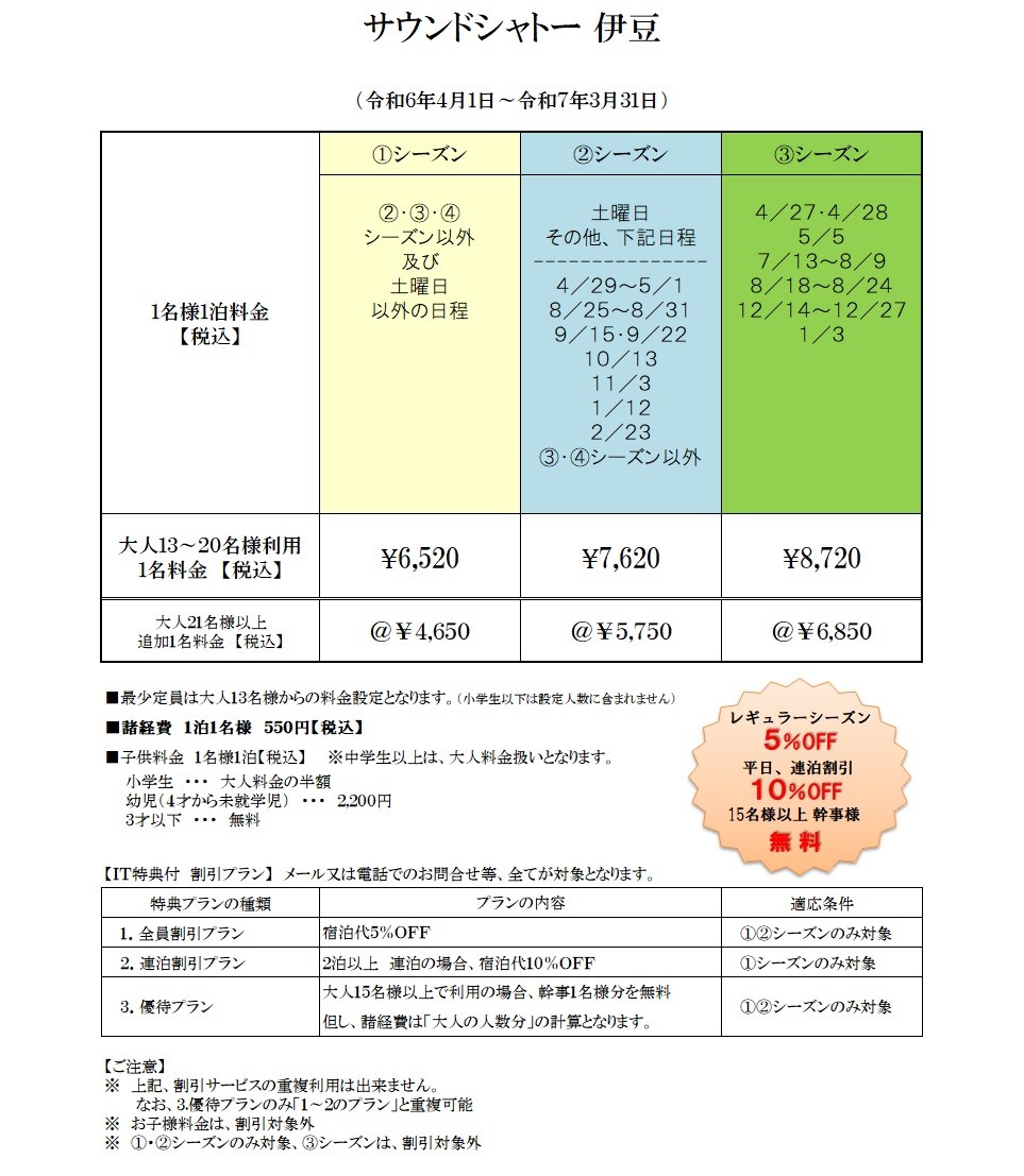 静岡県 伊豆高原のコテージ｜サウンドシャトー伊豆の写真：料金表