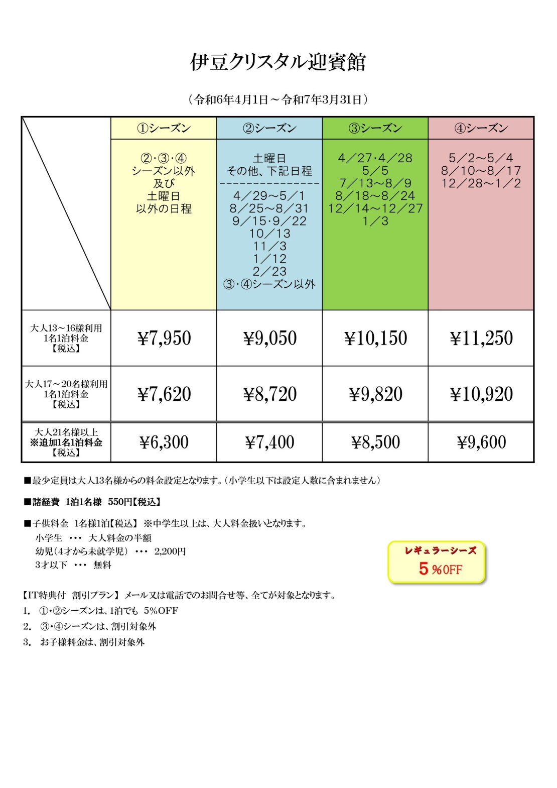 静岡県 伊豆高原のコテージ｜伊豆クリスタル迎賓館の写真：料金表