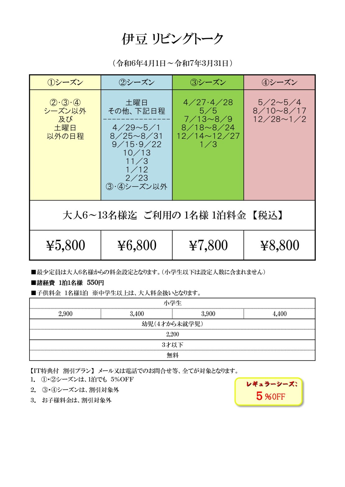 静岡県 伊豆高原のコテージ｜伊豆リビングトークの写真：料金表 price