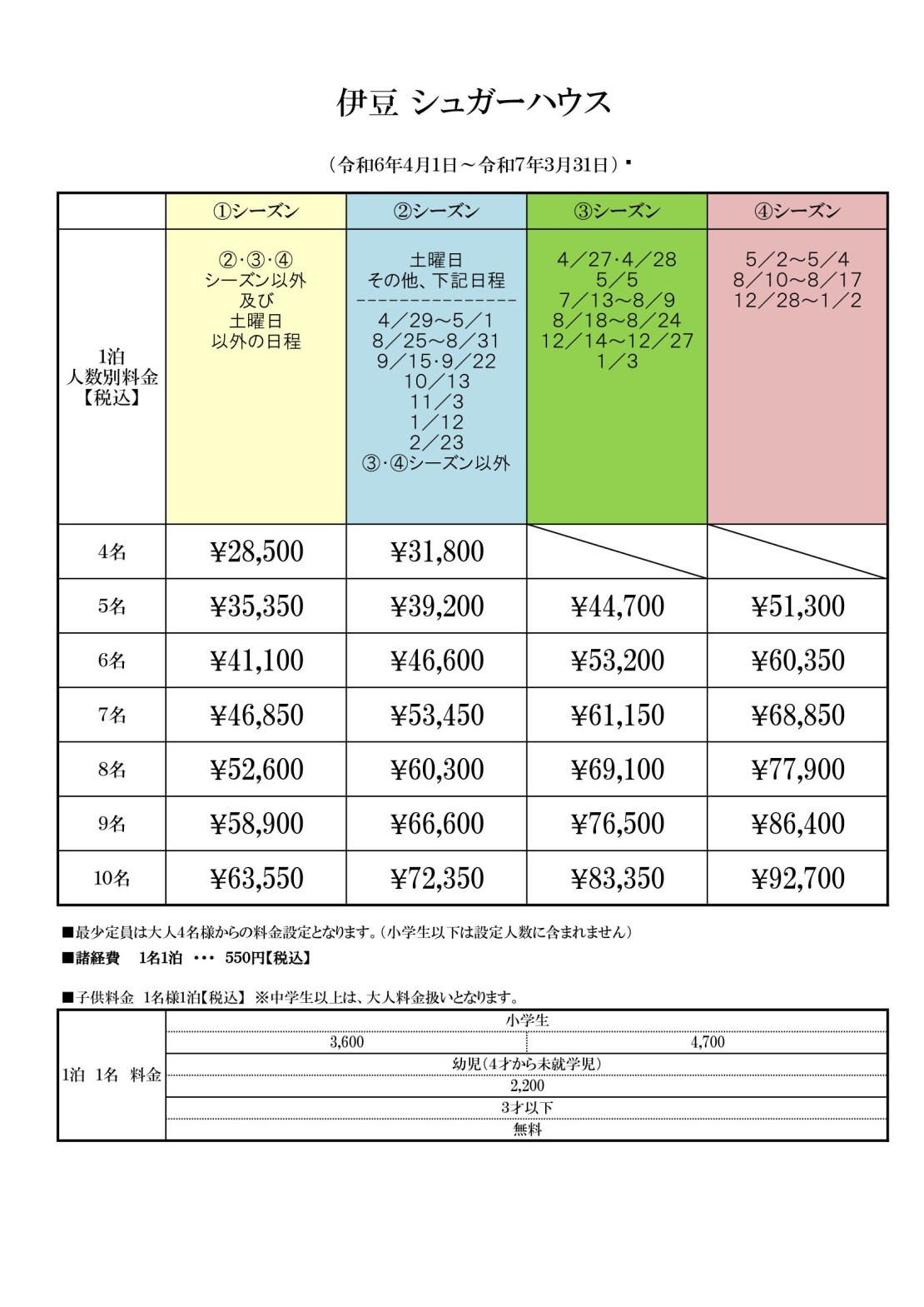 静岡県 伊豆高原のコテージ｜伊豆シュガーハウスの写真：料金表 price