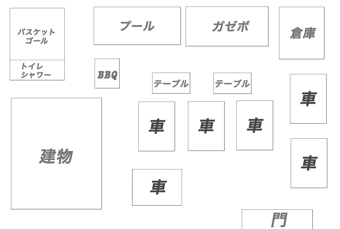 シグナルリゾート｜千葉県・九十九里・銚子｜敷地内見取り図
車の駐車の参考にどうぞ