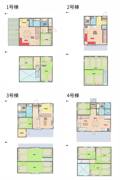 Myoko GreenBell｜新潟県・上越・糸魚川・妙高の間取り写真｜■ 1号棟（最大12名）
3部屋構成：
・シングルベッド2台の部屋
・シングルベッド3台＋セミシングルベッド2台の部屋
・ダブルベッド2台＋セミシングルベッド1台の部屋
⇒ 合計12名まで宿泊可能

■ 2号棟（最大8名）
2部屋構成：
・シングルベッド4台の部屋
・ダブルベッド2台の部屋
⇒ 合計8名まで宿泊可能

■ 3号棟（最大12名）
3部屋構成：
・シングルベッド2台の部屋
・ダブルベッド3台の部屋
・シングルベッド2台＋ダブルベッド1台の部屋
⇒ 合計12名まで宿泊可能

■ 4号棟（最大12名）
4部屋構成：
・シングルベッド2台の部屋
・ダブルベッド1台＋セミシングルベッド2台の部屋
・シングルベッド2台＋セミシングルベッド1台の部屋
・シングルベッド2台＋セミシングルベッド1台の部屋
⇒ 合計12名まで宿泊可能

すべての棟には広めのキッチン、大型冷蔵庫、浴室完備など、設備も充実しており、大人数でのご宿泊にも十分対応可能です。