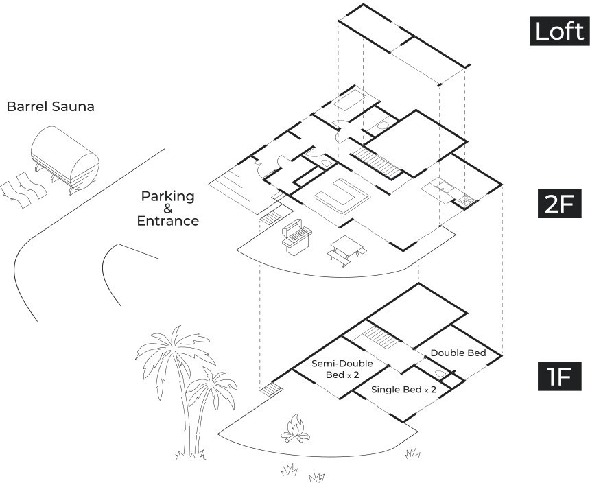 UMI-YAMA CHIKURA｜千葉県・館山・南房総の間取り写真｜定員：大人6名 / 子供3名（12歳以下 ※添い寝想定）
ベッド：ダブルベッド1台、セミダブルベッド2台、シングルベッド2台

1Fには3部屋の寝室とプレイルームを完備。シングルベッド、セミダブルベッド、ダブルベッドが揃っていますので、ファミリーやグループでのご利用に最適です。

また、2Fには約9帖のリビングと約10帖のダイニング、広々としてウッドデッキテラスを配置。