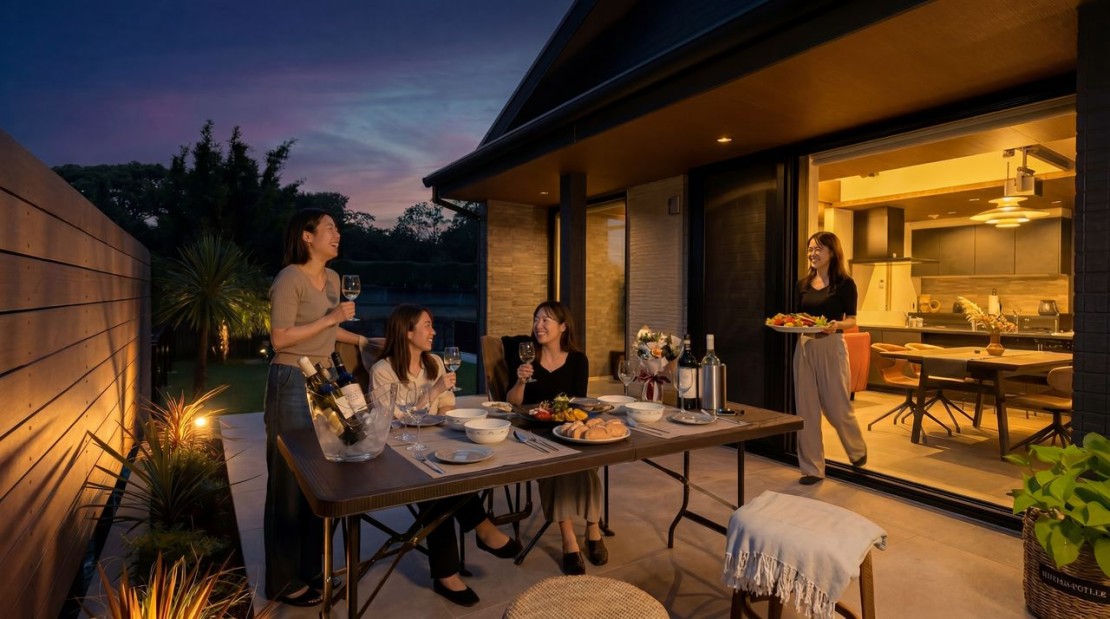 Private Villa AZUL｜千葉県・館山・南房総｜春～秋は料理をテラスにもちだして、アウトドア・リビングでのお食事を。ワインも進みます。寒くなったらすぐにリビングに入れるのも◎。