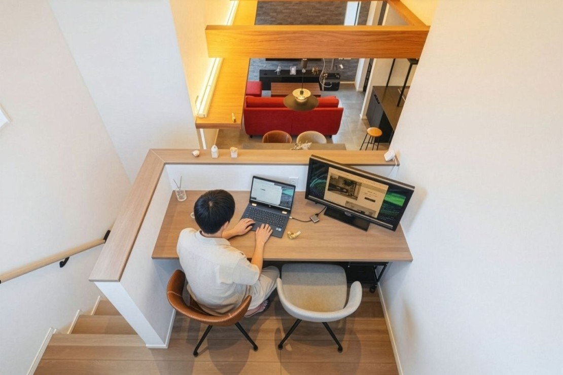 Private Villa AZUL｜千葉県・館山・南房総｜リビングを見下ろす中2階には専用のワークスペースが。ゆったりしたデスクに27インチモニター、有線LANを備えた快適ワーケーション環境完備。
