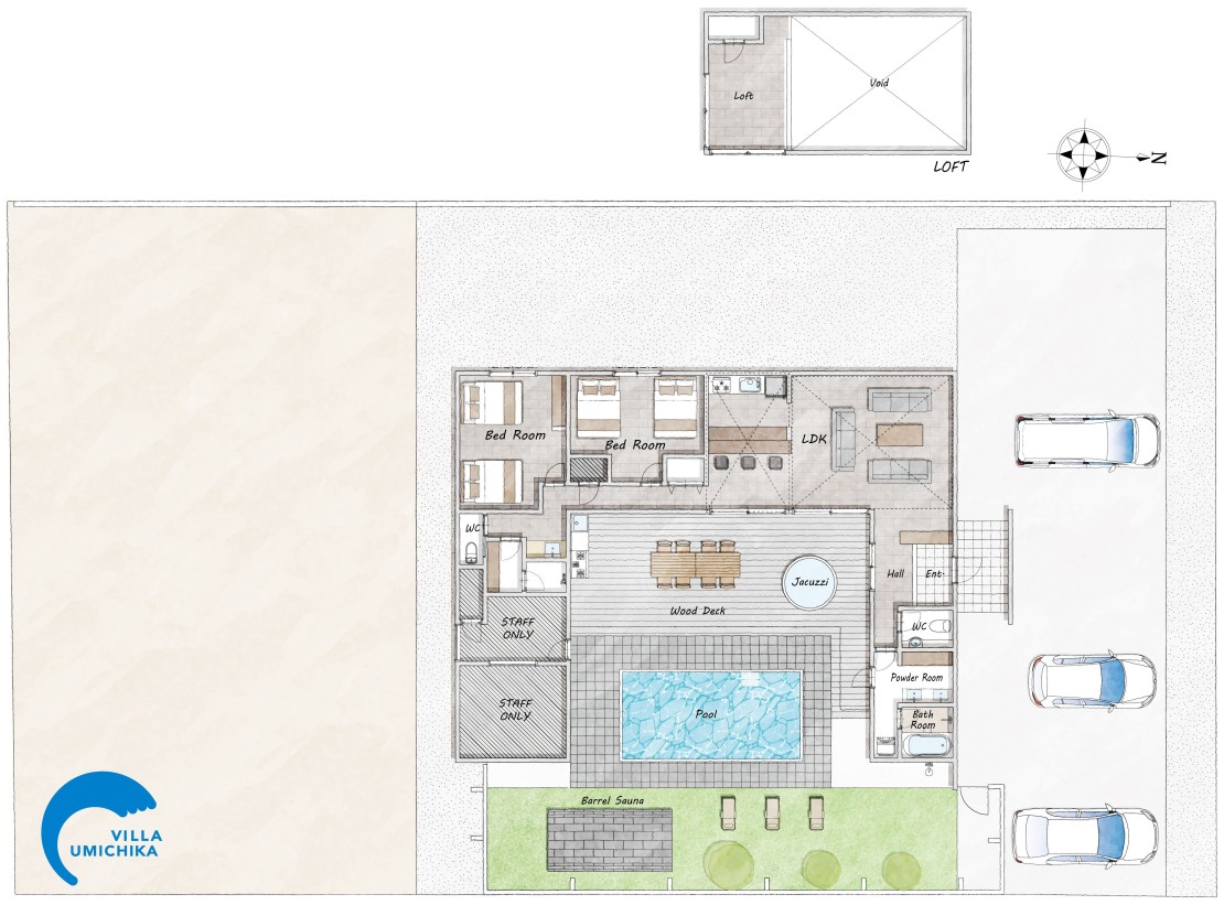 VILLA UMICHIKA 九十九里一宮  **POOL & SAUNA VILLA 6885**｜千葉県・九十九里・銚子の間取り写真｜■一棟貸し（2LDK ）屋根付きウッドデッキ＆専用庭付■
リビング、ダイニング、キッチン、ベッドルーム×2室、バスルーム、シャワールーム、洗面・トイレ×各2か所、プライベートプール（3m×6m 深さ1.2m ヒートポンプ方式による水温管理）大型バレルサウナ、屋根付きウッドデッキ（露天ジャグジー付き）

■寝室■
1室目：シモンズ製ダブルベッド×2台
2室目：シモンズ製ダブルベッド×2台
LDK：ソファーベッド×3台
※LDKのソファーが簡単な操作でシングルサイズのベッドとなります。

■設備■
【キッチン 】
IHヒーター（2口）、冷蔵庫、炊飯器、電子レンジ、トースター、電気ポット、調理器具一式、食器類
【その他 】
TV（65 インチ）、洗濯乾燥機、 Wi-Fi

■アメニティ■
バスタオル、フェイスタオル、シャンプー、コンディショナー、ボディソープ、ボディスポンジ、コットン、綿棒、歯ブラシセット、など