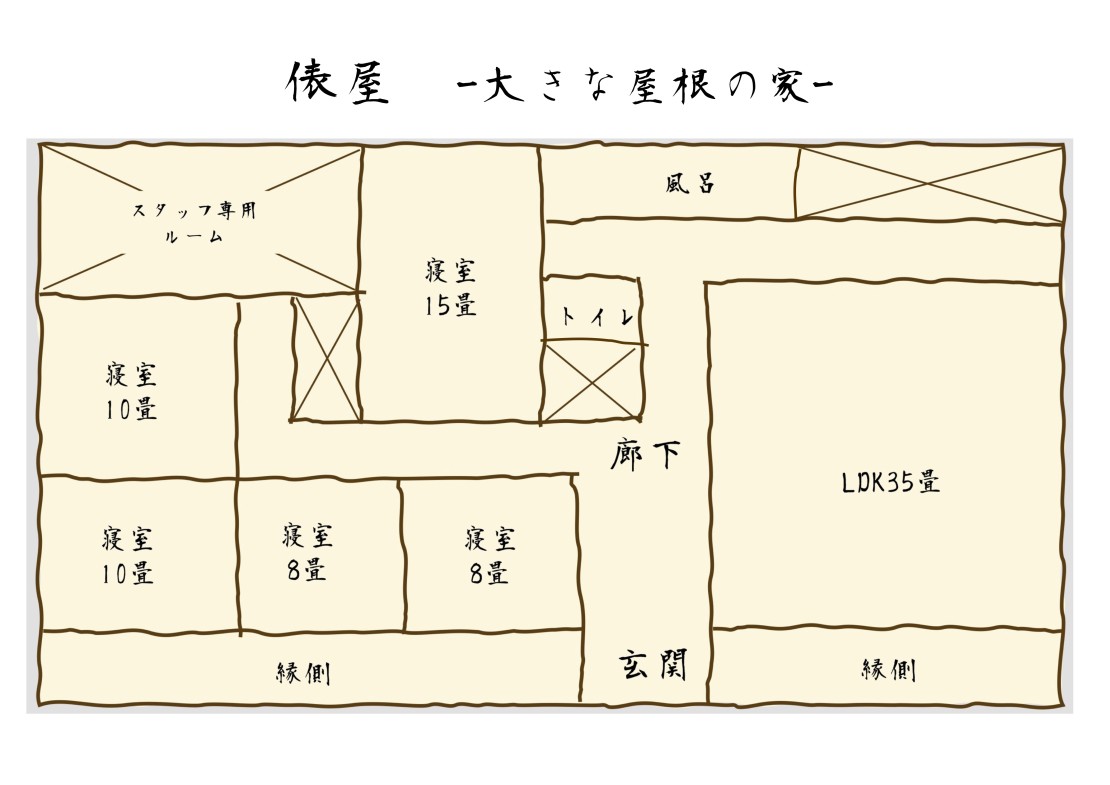 俵屋-大きな屋根の家-｜長野県・伊那・駒ヶ根・飯田・昼神の間取り写真｜5LDK 寝室5部屋
定員15名
エキストラ追加可能
5月〜9月：最大25名まで
10〜4月：最大20名まで